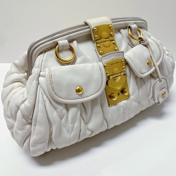 Miu Miu Matelassé Ivory Cream Gold Nappa Leather Large Pouch Clutch Bag Italy - Picture 3 of 13